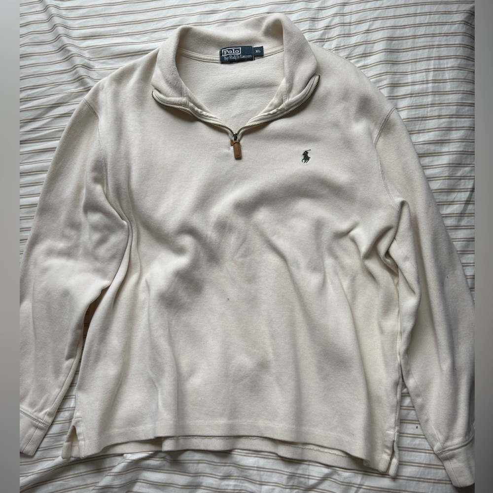 Ralph Lauren Cream Quarter-Zip Pullover with Green Pony Logo